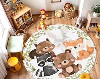 Tapis rond en bois pour chambre d'enfant, tapis de jeu à motifs d'animaux, tapis pour enfants Bear Bunny