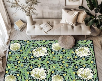 William Morris Inspired Floral Rug, Vintage Arts Living Room Carpet, Botanical Pattern Rugs