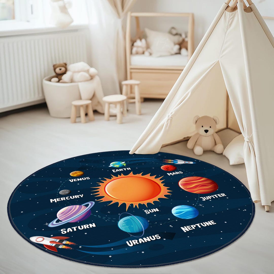 Solar System Play Rug Solar System Design Round Kids Carpet, Solar System Kids Rugs, Planet ...