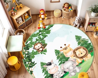 Safari Animals Kids Rug, Round Nursery Carpet, Jungle Animals Playroom Mat, Lion Zebra Design Baby Rugs
