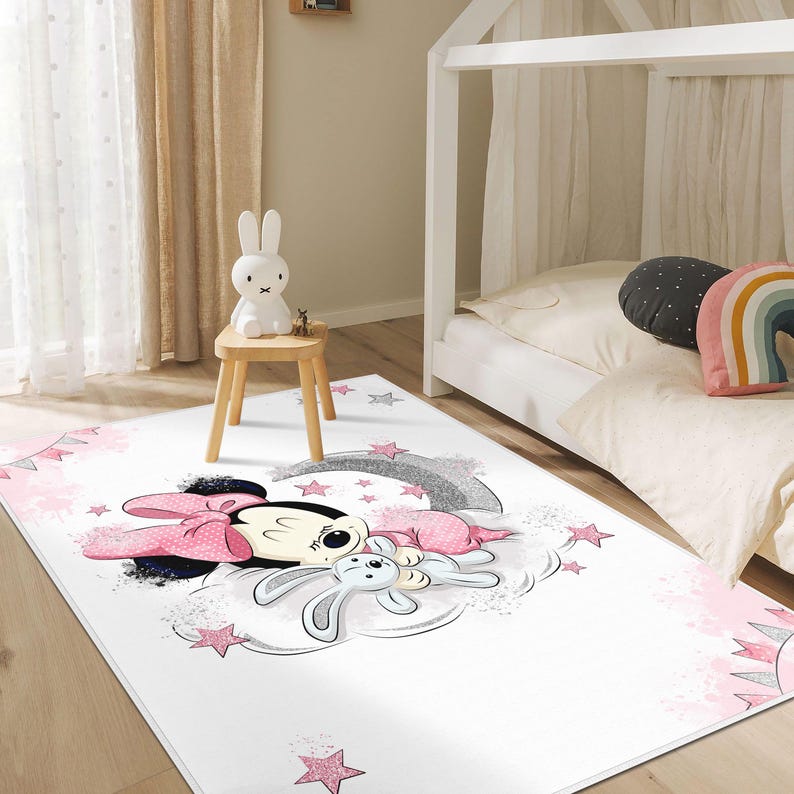 Mouse Pelt Rug Minnie Mouse Baby Rugs, Pink Starry Themed Nursery Carpet, Sleeping ...