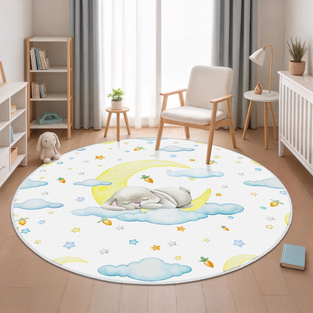 Baby Sleep Rug Sleeping Bunny Design Nursery Rug, Moon Clouds Kids Floor Mat, Rabbit ...