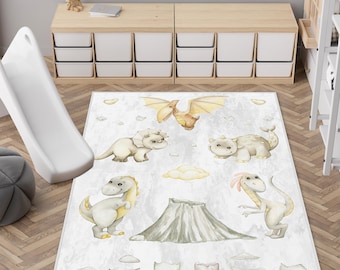 Dinosaur Themed Kids Room Rug, Non-Slip Washable Nursery Rug, Dino Desing Baby Carpet