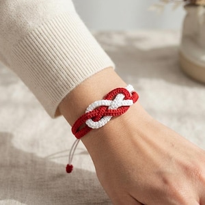 Red White Infinity Knot Bracelet, Adjustable Crochet Cord Bracelet, Love Knot Friendship Bracelet, Celtic Infinity Jewelry, Boho Wrist Cord