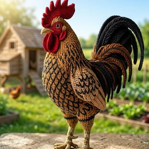 Puede incluir: Un gallo de ganchillo hecho a mano con cresta y barbilla rojas, cuerpo marrón y negro, y cola negra y marrón. El gallo está de pie sobre una superficie de piedra, con una pequeña herramienta de madera delante. Un pequeño gallinero de madera está al fondo.