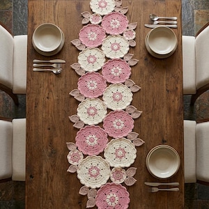 Op de afbeelding: Een handgemaakte gehaakte tafelloper in een bloemenontwerp, met afwisselend roze en crèmekleurige bloemen met bruine bladeren. De loper ligt op een houten tafel, met couverts aan weerszijden.