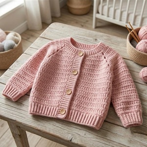 May include: A light pink long-sleeve cardigan made of crocheted yarn. The garment features a round neckline, ribbed cuffs and hem, and a front button closure with four light brown wooden buttons. The texture is consistent throughout the piece.