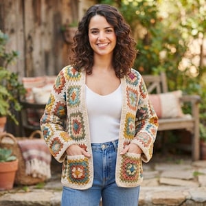May include: A long-sleeve open-front cardigan featuring a multi-colored granny square crochet pattern in shades of mustard yellow, teal, rust orange, and cream. The garment includes two front patch pockets and a cream-colored ribbed trim.