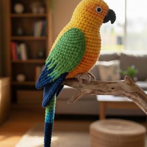 May include: A handmade crochet parrot in yellow, orange, green, and blue perched on a wooden branch. The bird has a black beak and a detailed, textured appearance. The parrot is a decorative item, likely for home decor.