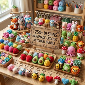 Puede incluir: Una colección de llaveros de ganchillo hechos a mano con varios diseños, incluyendo animales, frutas y flores. Los llaveros se exhiben sobre una mesa de madera, con un letrero que dice "250+ Designs Handmade Crochet Keychain Bundle."