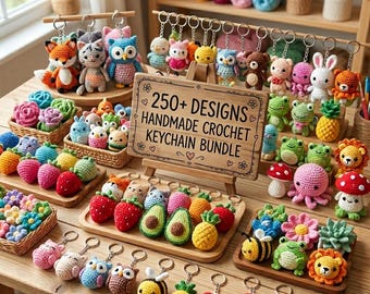 250+Crochet Keychain Pattern Bundle Amigurumi Cute Animals Food Designs PDF DIY Gift Beginner Small Projects Set