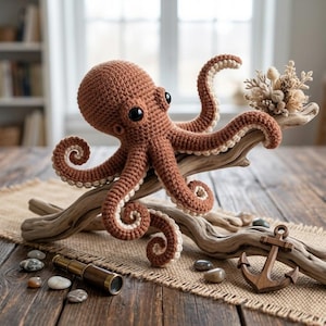 Puede incluir: Un pulpo de ganchillo marrón con ojos negros y detalles crema se encuentra sobre madera flotante. El pulpo tiene tentáculos rizados y se exhibe con una pequeña ancla de madera, un catalejo de latón y pequeñas piedras.