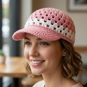 May include: A pink and white crocheted cap with a visor. The cap features a square pattern in pink and white, with a solid pink visor. The cap is made of a soft, textured yarn, and is a stylish accessory.
