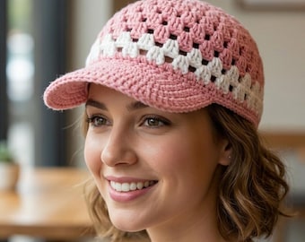 Modello per berretto da baseball all'uncinetto, punto nonna, cappello estivo con visiera, PDF, adatto ai principianti, berretto a rete, fai da te, leggero, regalo per donne