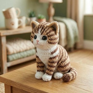 Könnte beinhalten: Eine handgefertigte Häkelkatzenfigur in Braun- und Weißtönen, mit großen schwarzen Augen und einer rosa Nase. Die Katze sitzt auf einer Holzoberfläche und zeigt ihr gestreiftes Muster und ihre detaillierte Handwerkskunst. Ein bezaubernder Dekorationsartikel.
