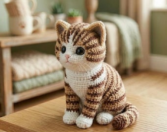 Patrón PDF de amigurumi de gato atigrado realista, tutorial de ganchillo de gatito realista, patrón detallado de peluche de animal, regalo de juguete de peluche para gatos hecho en casa