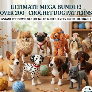 Paquete de más de 200 patrones de amigurumi de perros a crochet / Descarga en PDF de peluches de cachorros para principiantes y creadores de juguetes hechos a mano