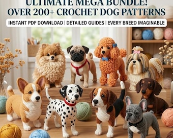 Paquete de más de 200 patrones de amigurumi de perros a crochet / Descarga en PDF de peluches de cachorros para principiantes y creadores de juguetes hechos a mano