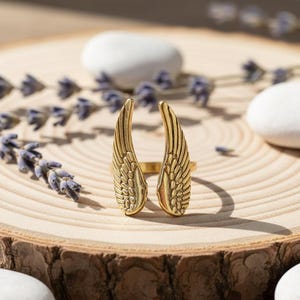 Gold Angel Wing Ring – Adjustable Feather Ring – Brass Statement Jewelry – Guardian Angel Gift – Boho Winged Ring – Spiritual Jewelry for Her