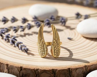 Vintage Angel Wings Ring for Men Women, Large Gothic Punk Rock Jewelry, Unisex Adjustable Open Ring, Unique Designer Lovers Gift