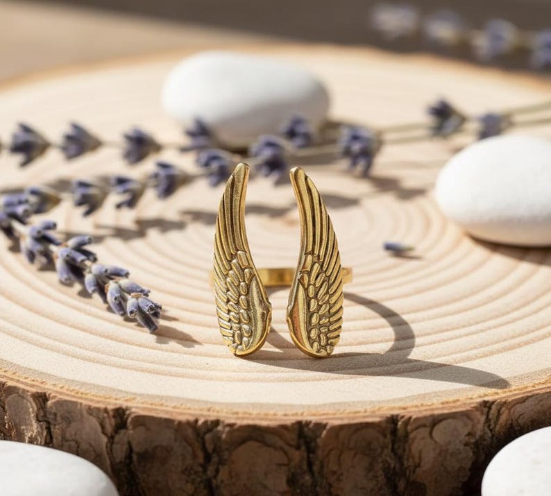 Gold Angel Wing Ring – Adjustable Feather Ring – Brass Statement Jewelry – Guardian Angel Gift – Boho Winged Ring – Spiritual Jewelry for Her