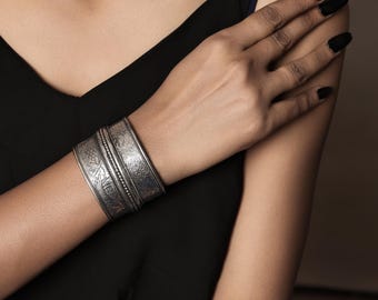 Vintage Silver Cuff Bracelet | Handmade Boho Tribal Jewelry | Engraved Floral Pattern Bangle | Adjustable Ethnic Bracelet for Women |