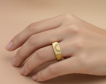 Anillo de sello de oro Sunrise / Anillo de rayo de sol grabado a mano para hombre y mujer