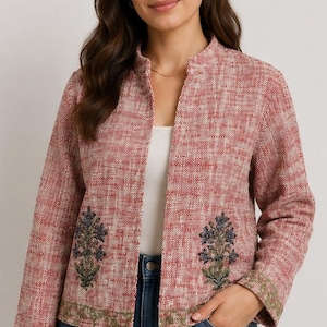Handmade Block Print Cotton Jacket for Women, Quilted Indian Floral Jacket, Lightweight Ethnic Layering Coat