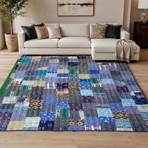Handmade Patchwork Rug, Vintage Kantha Patchwork Area Rug, Boho Cotton Floor Rug, Indian Handmade Carpet, Living Room Decor, 90x108 Inch