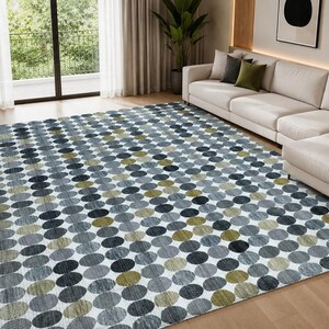 Handmade Grey Kantha Rug, Cotton Area Rug, Modern Circle Pattern Rug, Boho Floor Carpet, Indian Handmade Rug, Living Room Rug 90x108 Inch