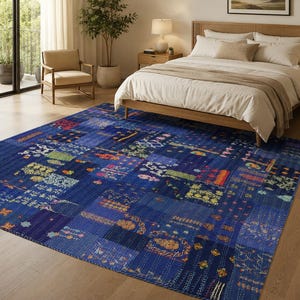 Vintage Indigo Banjara Rug, Handmade Patchwork Cotton Rug, Bohemian Tribal Area Carpet, Indian Floor Rug 90x108 Inch