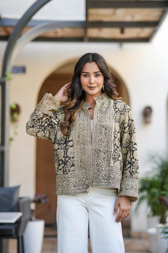 Handloom cotton block print jacket for women, Handmade ethnic boho jacket, Sustainable artisan outerwear, Floral print jacket