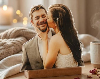 Custom Acrylic Photo Cutout Statuette with Wooden Stand, Personalized Picture Sculpture Gift for Couples, Pets or Family Photo Display
