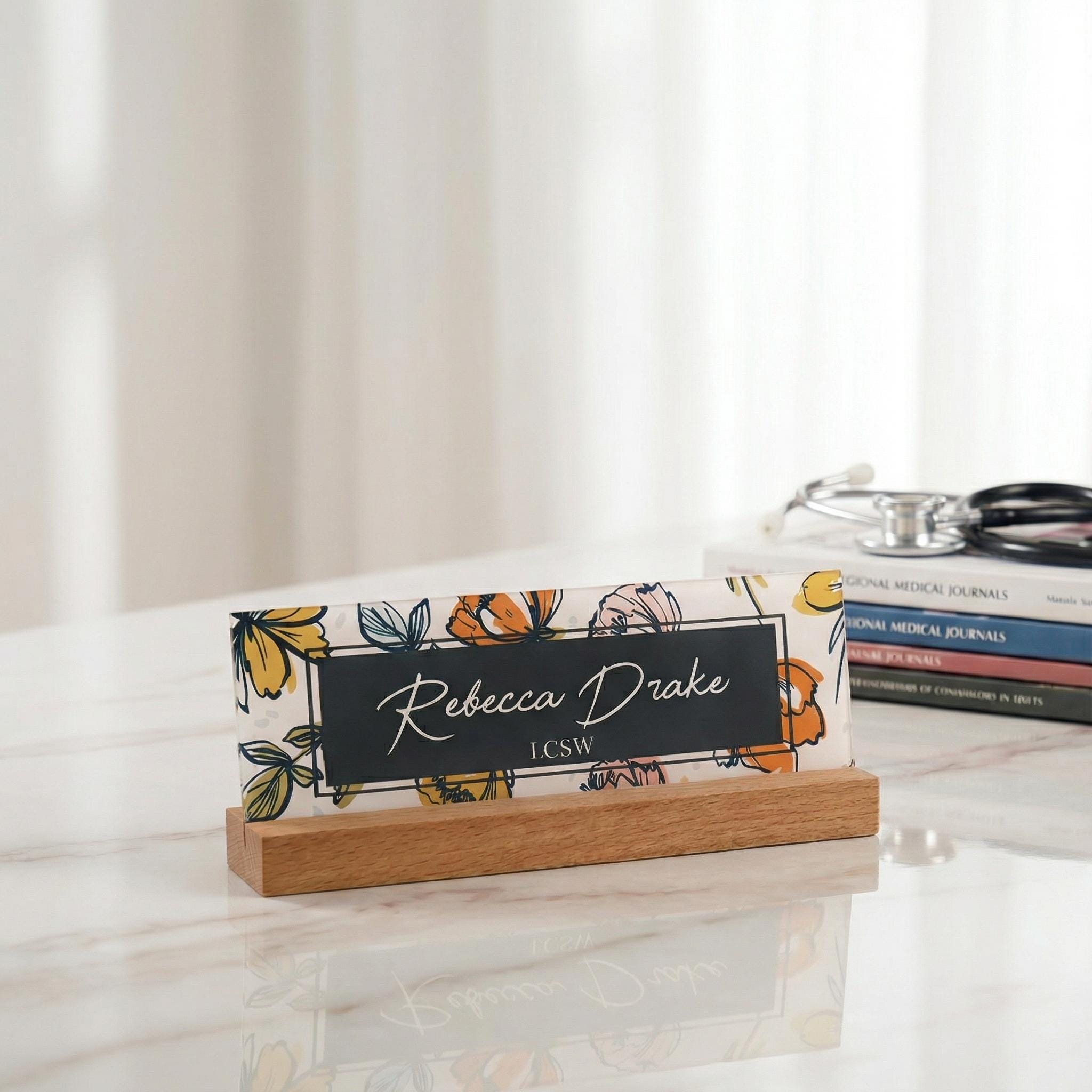 Personalized Desk Name Plate with Wooden Base, Custom Floral Office Sign, Acrylic Name Plate for Desk, New Job Gift for Women, LCSW Gift
