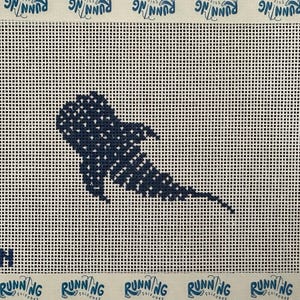 May include: Needlepoint canvas featuring a dark blue whale shark design. The design is stitched on a white grid background. The border has the text "RUNNING stitches" in a repeating pattern. The initials "RSN" are in the lower left corner.