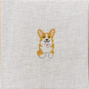 May include: A needlepoint canvas featuring a charming corgi dog design. The corgi is depicted in shades of brown, white, and black, with a small red collar. The background is a light gray, open-weave fabric.
