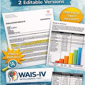 May include: WAIS-IV Report Templates with 2 editable versions. Includes evaluation results, percentile chart, and test scores. Features the Wechsler Adult Intelligence Scale - Fourth Edition (WAIS-IV) and a "Find & Replace" graphic.
