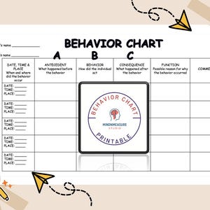 May include: A printable behavior chart with sections for recording antecedents, behaviors, consequences, and function. The chart includes a logo that says "Behavior Chart" and "Mindmeasure Studio Printable". The chart is designed to help track and analyze behaviors.