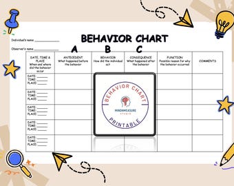 Könnte beinhalten: Eine druckbare Verhaltenstabelle mit Abschnitten zur Aufzeichnung von Auslösern, Verhaltensweisen, Konsequenzen und Funktionen. Die Tabelle enthält ein Logo mit der Aufschrift "Behavior Chart" und "Mindmeasure Studio Printable".