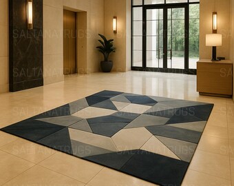 Modern Geometric Blue Grey Area Rug, Contemporary Lobby Carpet