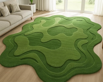 Modern groen abstract 3D-golvend vloerkleed, organische vorm