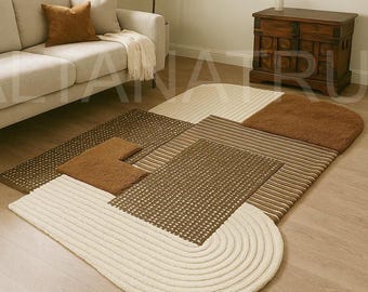 Geometric Brown Beige Rug – Modern Abstract Textured Carpet