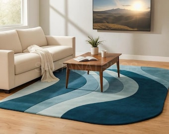 Blue Wave Area Rug – Teal Aqua Abstract, Modern Minimalist Decor
