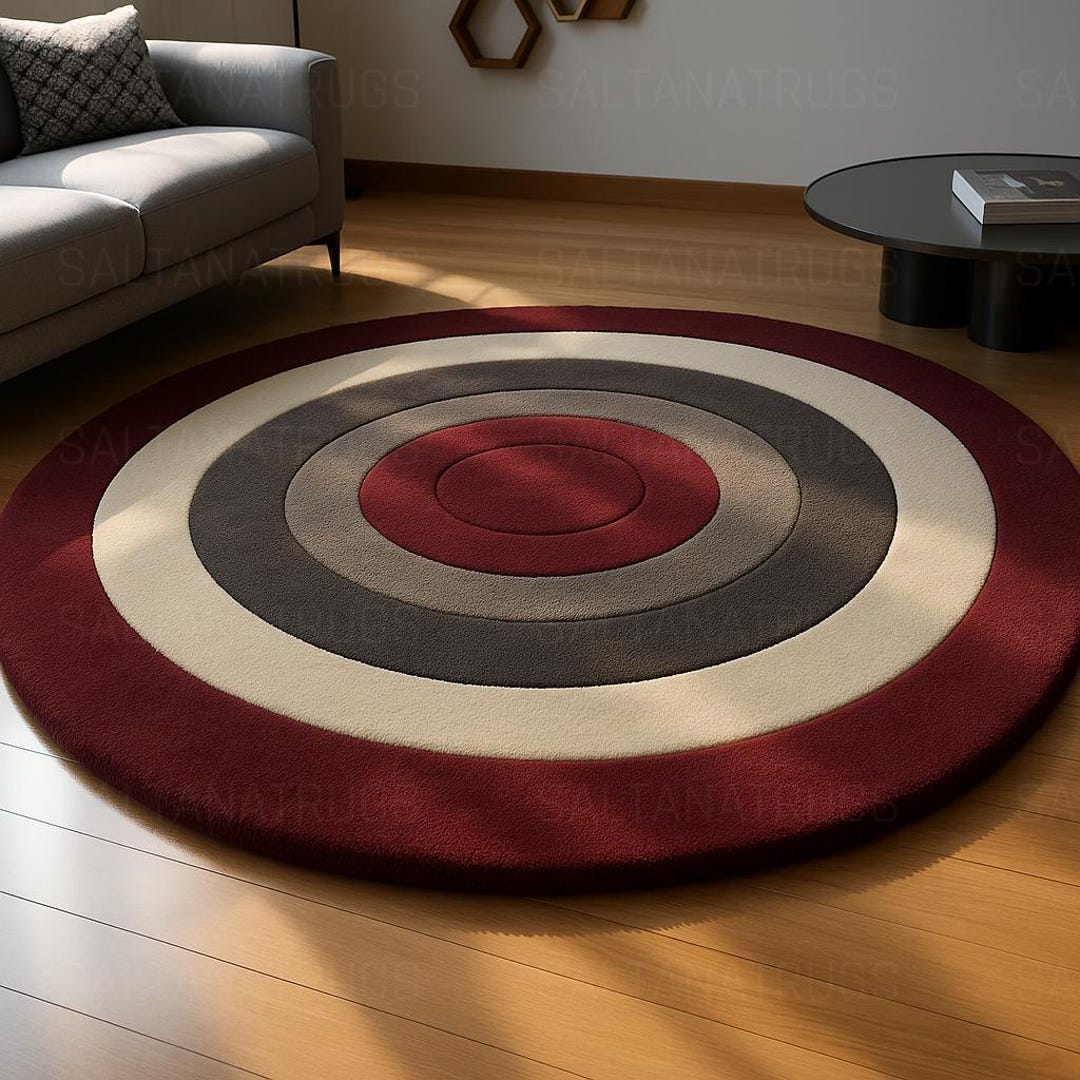 Modern Concentric Circle Round Area Rug – Burgundy, Grey & Cream - Etsy