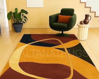 Hand Tufted Geometric Rug, Mid Century Modern Abstract Carpet, Terracotta Ochre Mustard Charcoal Black Floor Decor, Custom Luxury Area Rug