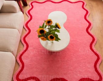 Pink Wavy Scalloped Area Rug – Modern Red Border Carpet