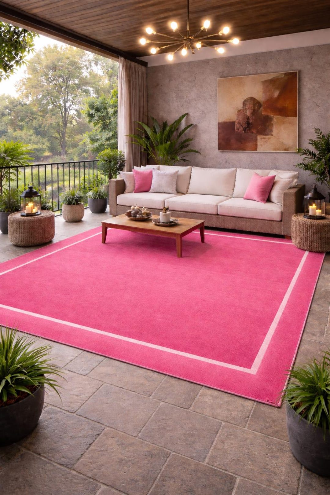 Modern Outdoor Patio Rug – Bright Pink Area Rug With Border, Large ...