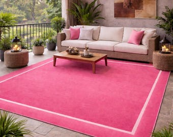 Alfombra moderna para patio exterior – Alfombra rosa brillante con borde, alfombra grande para balcón, alfombra para interiores y exteriores, decoración contemporánea para terraza