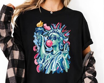 Cadeau du 4 juillet, chemise de chewing-gum de la Statue de la liberté, t-shirt Pop Art de New York, chemise de touriste new-yorkaise tendance, cadeau streetwear patriotique