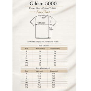 May include: A size chart for Gildan 5000 Unisex Heavy Cotton T-shirts. The chart includes measurements in inches and centimeters for chest width and body length, ranging from size S to 4XL. The width of a size S is 18 inches, and the length is 28 inches.
